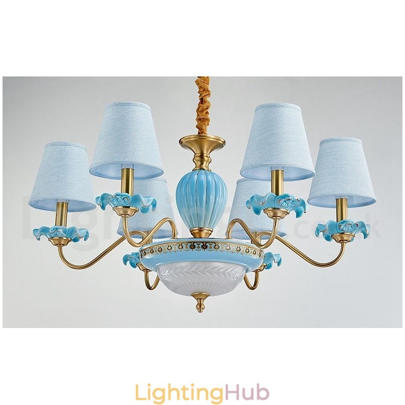 Retro Vintage Brass Ceramics Pendant Candle Chandelier with Blue Fabric Shades