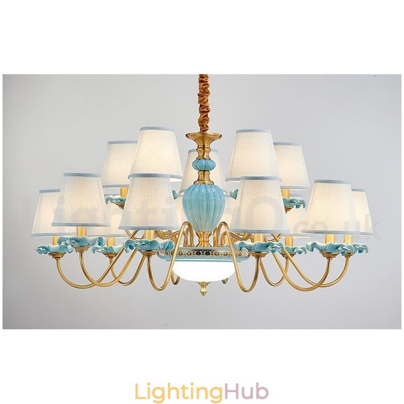 Retro Vintage Brass Ceramics Pendant Candle Chandelier with Blue Fabric Shades