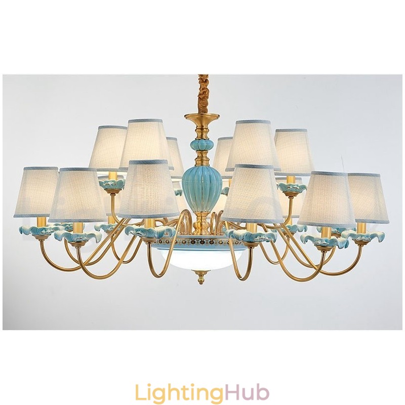 Retro Vintage Brass Ceramics Pendant Candle Chandelier with Blue Fabric Shades
