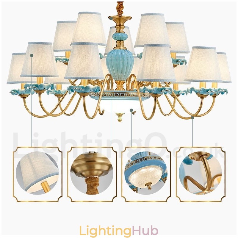 Retro Vintage Brass Ceramics Pendant Candle Chandelier with Blue Fabric Shades