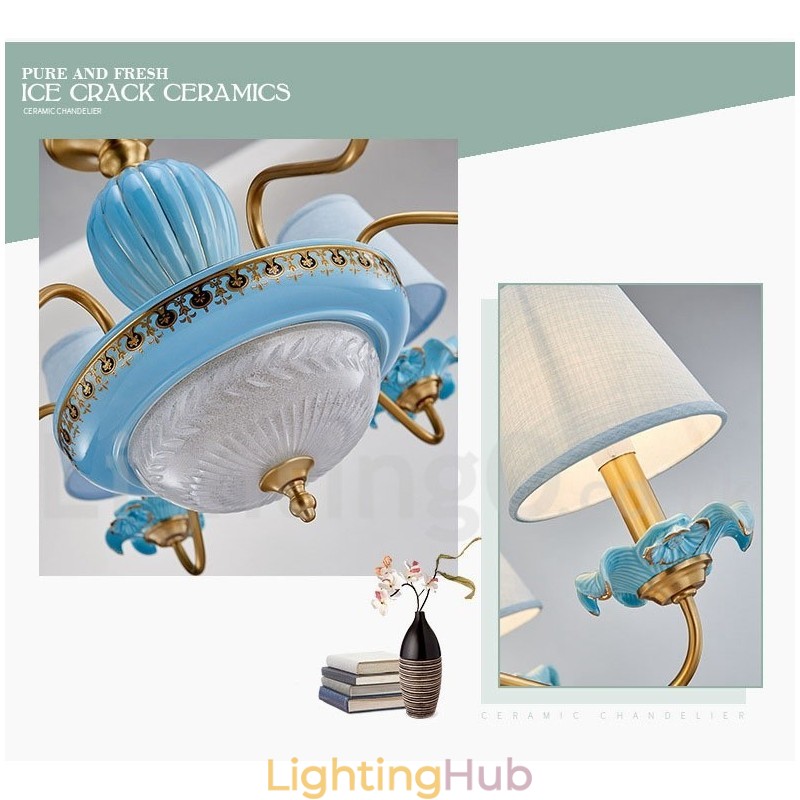 Retro Vintage Brass Ceramics Pendant Candle Chandelier with Blue Fabric Shades