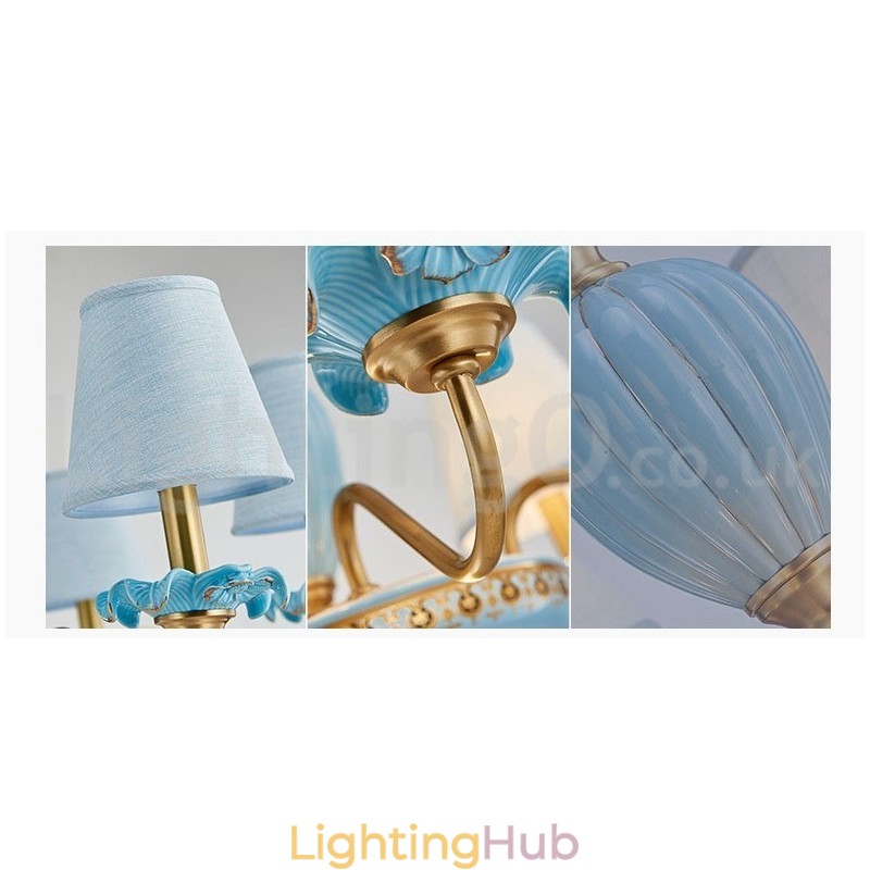 Retro Vintage Brass Ceramics Pendant Candle Chandelier with Blue Fabric Shades