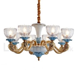 Retro Vintage Brass Ceramics Pendant Candle Chandelier with Glass Shades