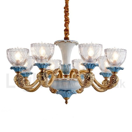 Retro Vintage Brass Ceramics Pendant Candle Chandelier with Glass Shades Retro Vintage Brass Ceramics Pendant Candle Chandelier with Glass Shades