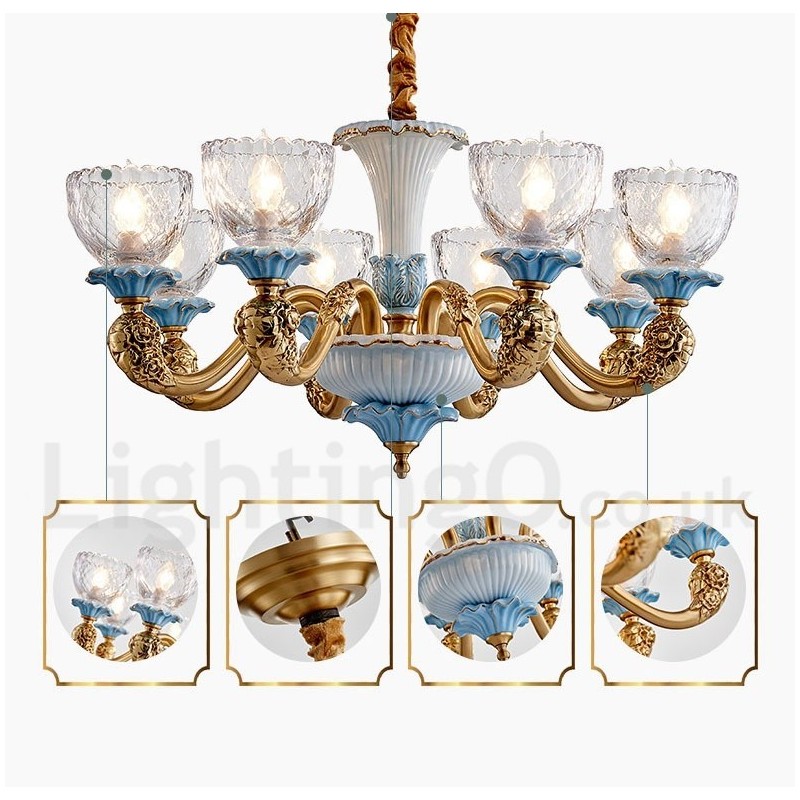 Retro Vintage Brass Ceramics Pendant Candle Chandelier with Glass Shades