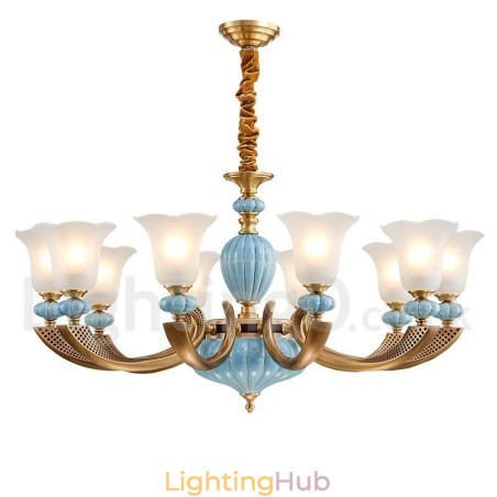 Retro Vintage Brass Ceramics Pendant Candle Chandelier with Glass Shades Retro Vintage Brass Ceramics Pendant Candle Chandelier with Glass Shades