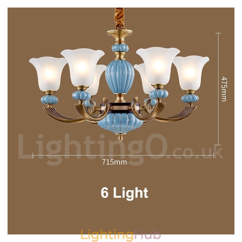 Retro Vintage Brass Ceramics Pendant Candle Chandelier with Glass Shades