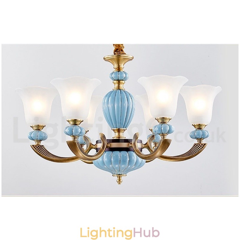 Retro Vintage Brass Ceramics Pendant Candle Chandelier with Glass Shades