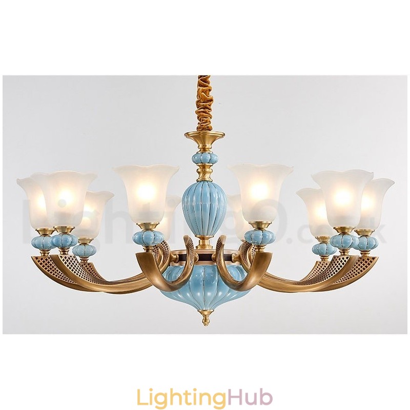 Retro Vintage Brass Ceramics Pendant Candle Chandelier with Glass Shades
