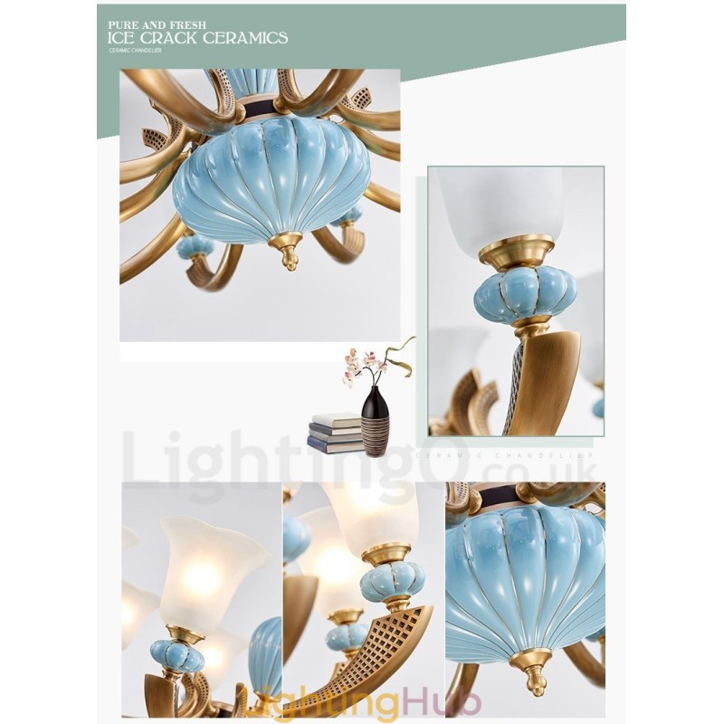 Retro Vintage Brass Ceramics Pendant Candle Chandelier with Glass Shades