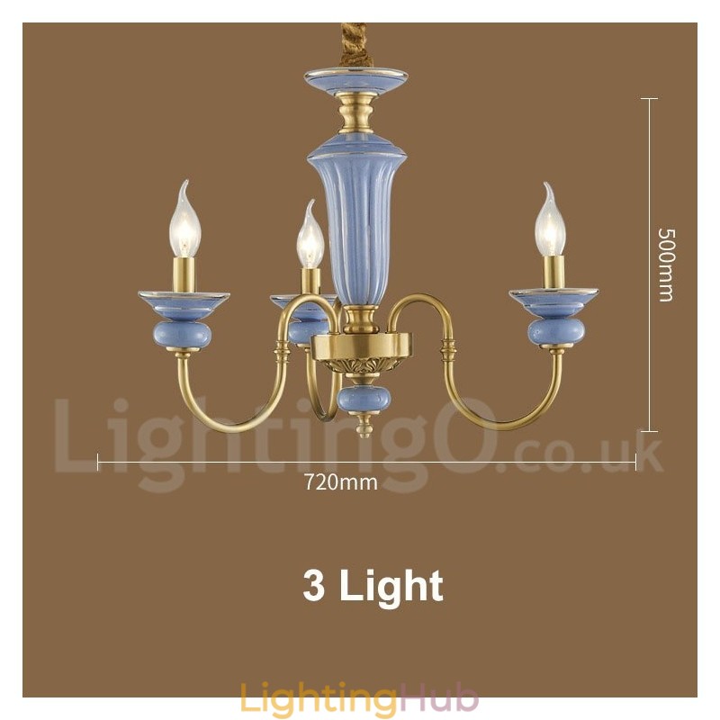 Retro Vintage Brass Ceramics Pendant Candle Chandelier