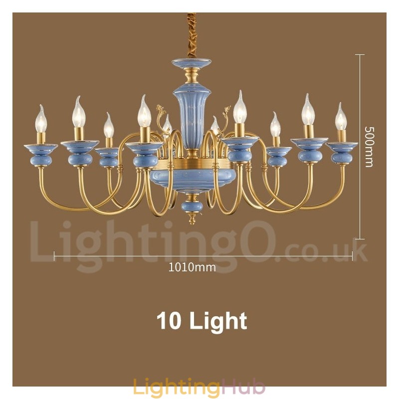 Retro Vintage Brass Ceramics Pendant Candle Chandelier