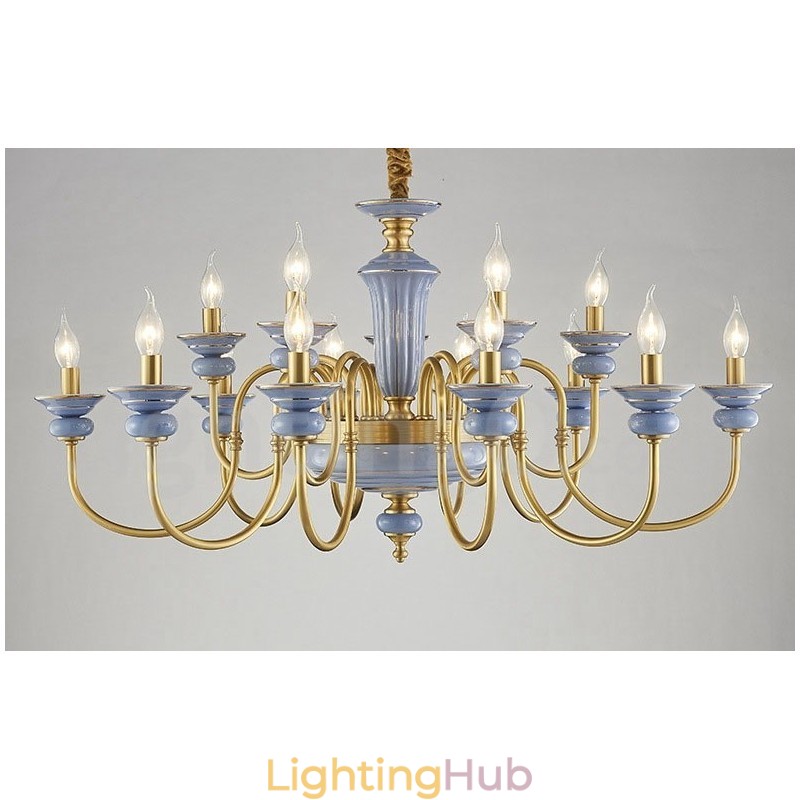 Retro Vintage Brass Ceramics Pendant Candle Chandelier