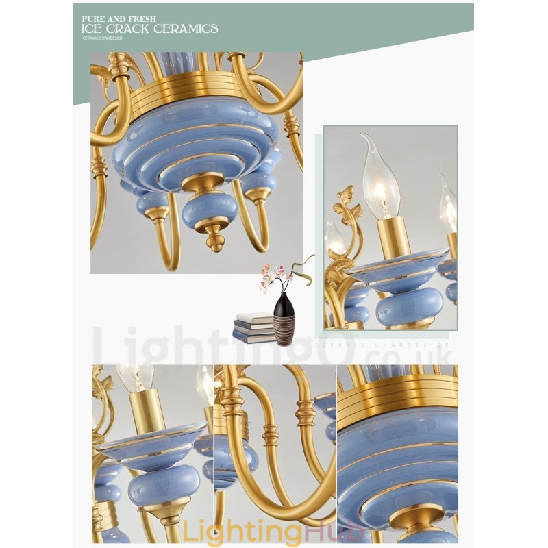 Retro Vintage Brass Ceramics Pendant Candle Chandelier