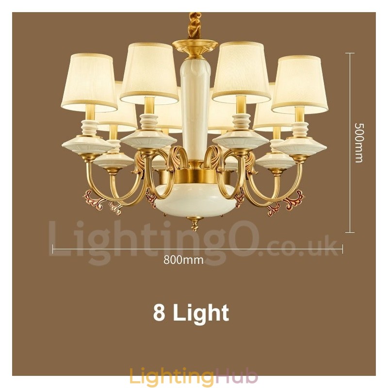 Retro Vintage Brass Ceramics Pendant Candle Chandelier with Fabric Shades