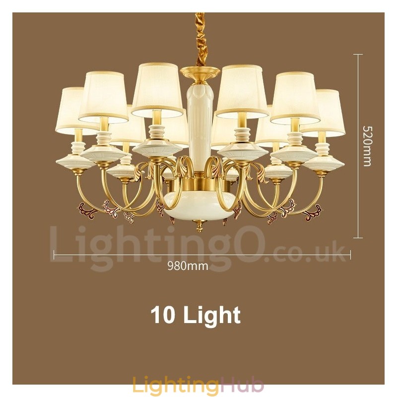 Retro Vintage Brass Ceramics Pendant Candle Chandelier with Fabric Shades