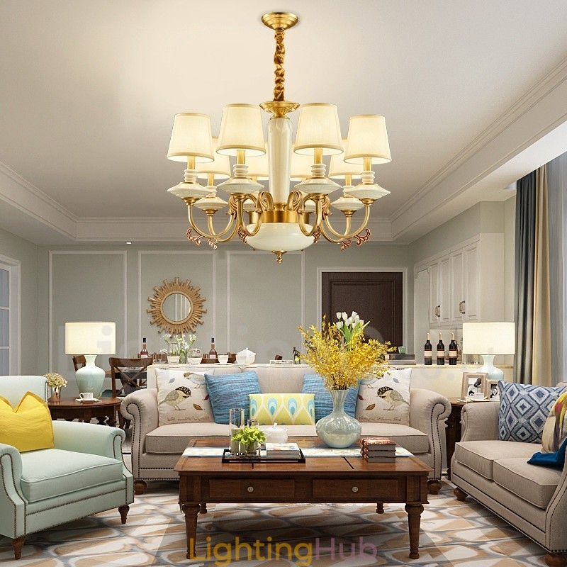 Retro Vintage Brass Ceramics Pendant Candle Chandelier with Fabric Shades