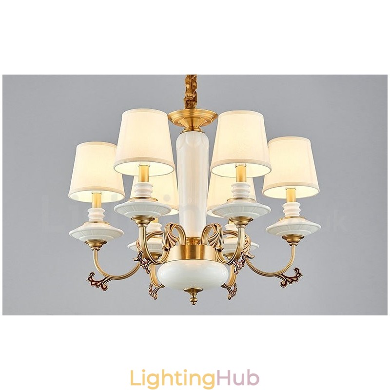 Retro Vintage Brass Ceramics Pendant Candle Chandelier with Fabric Shades
