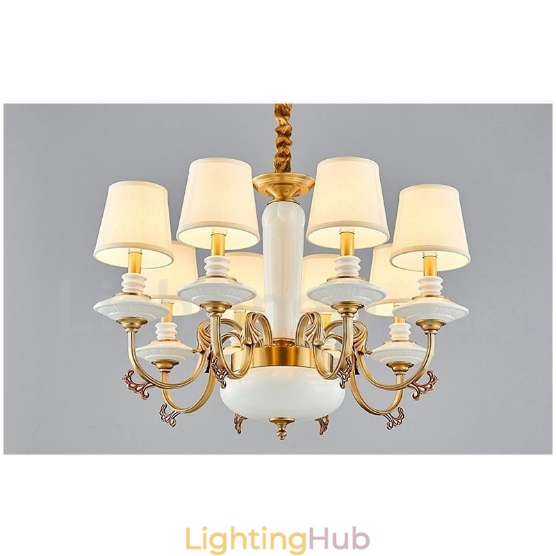 Retro Vintage Brass Ceramics Pendant Candle Chandelier with Fabric Shades