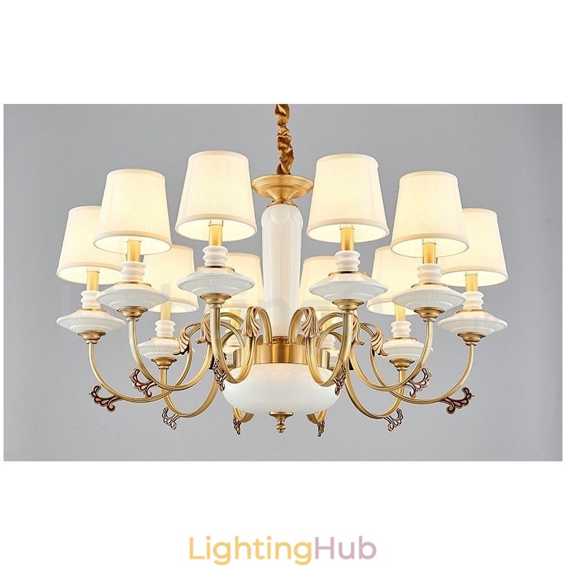 Retro Vintage Brass Ceramics Pendant Candle Chandelier with Fabric Shades