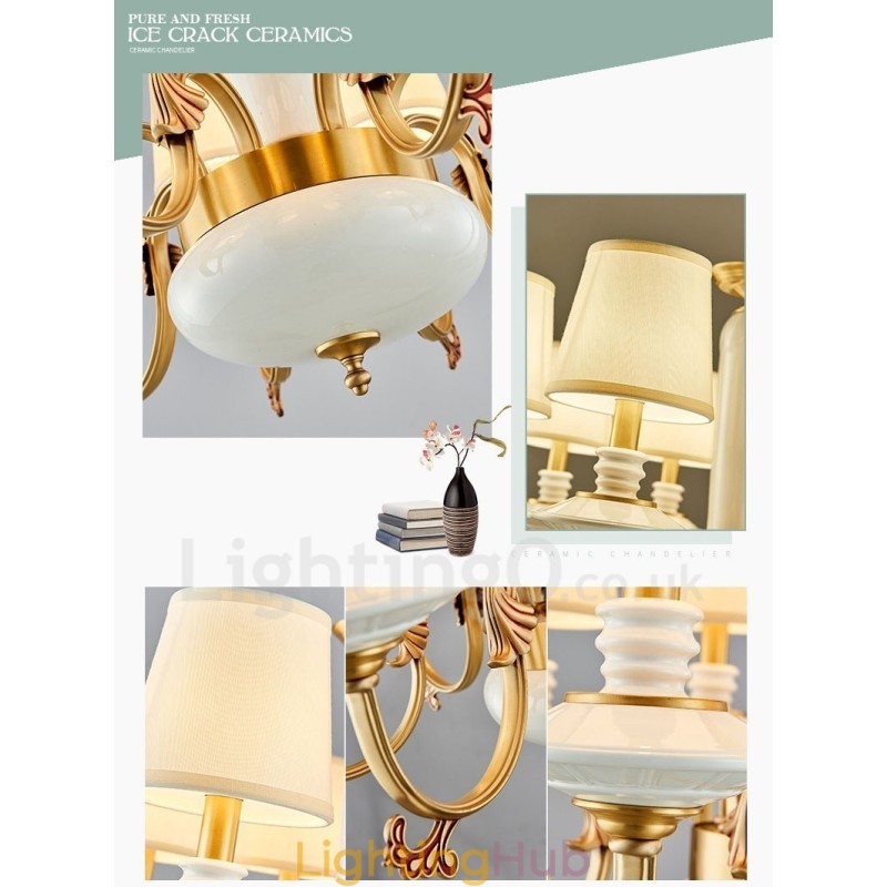 Retro Vintage Brass Ceramics Pendant Candle Chandelier with Fabric Shades
