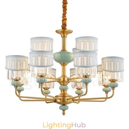 Pure Brass Luxurious Rustic Retro Vintage Brass Ceramics Pendant Candle Chandelier with Fabric and Crystal Shades Pure Brass Luxurious Rustic Retro Vintage Brass Ceramics Pendant Candle Chandelier with Fabric and Crystal Shades