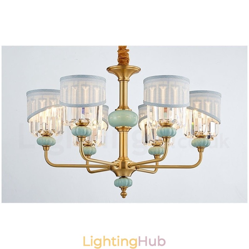 Pure Brass Luxurious Rustic Retro Vintage Brass Ceramics Pendant Candle Chandelier with Fabric and Crystal Shades