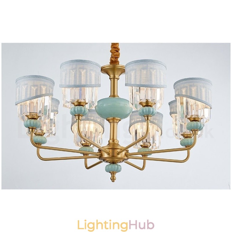 Pure Brass Luxurious Rustic Retro Vintage Brass Ceramics Pendant Candle Chandelier with Fabric and Crystal Shades