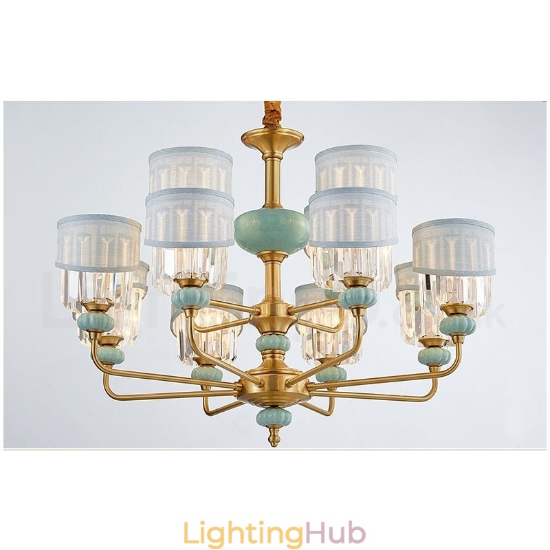 Pure Brass Luxurious Rustic Retro Vintage Brass Ceramics Pendant Candle Chandelier with Fabric and Crystal Shades