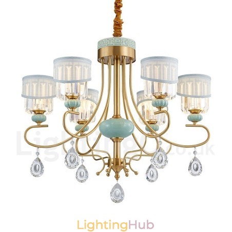 Pure Brass Luxurious Rustic Retro Vintage Brass Ceramics Pendant Candle Chandelier with Fabric and Crystal Shades Pure Brass Luxurious Rustic Retro Vintage Brass Ceramics Pendant Candle Chandelier with Fabric and Crystal Shades