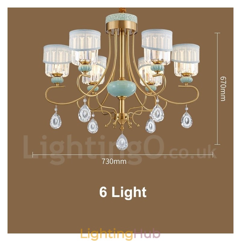 Pure Brass Luxurious Rustic Retro Vintage Brass Ceramics Pendant Candle Chandelier with Fabric and Crystal Shades