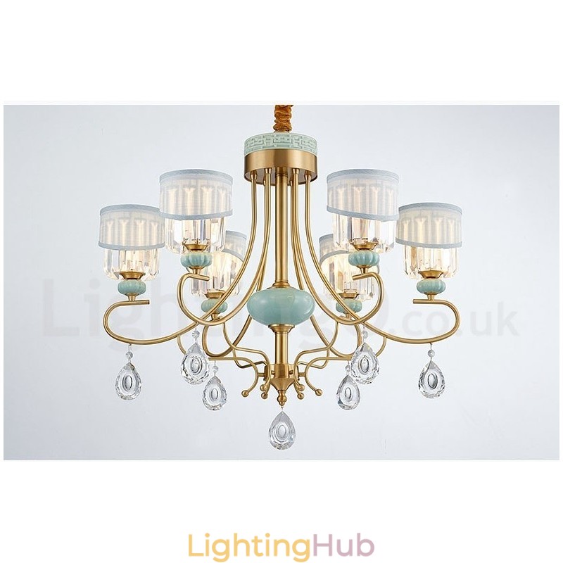Pure Brass Luxurious Rustic Retro Vintage Brass Ceramics Pendant Candle Chandelier with Fabric and Crystal Shades