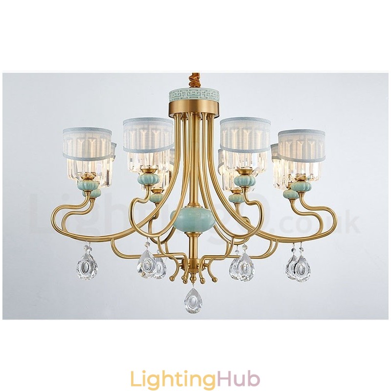 Pure Brass Luxurious Rustic Retro Vintage Brass Ceramics Pendant Candle Chandelier with Fabric and Crystal Shades