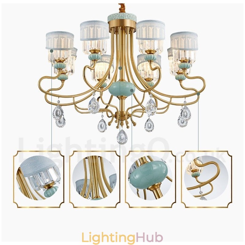 Pure Brass Luxurious Rustic Retro Vintage Brass Ceramics Pendant Candle Chandelier with Fabric and Crystal Shades