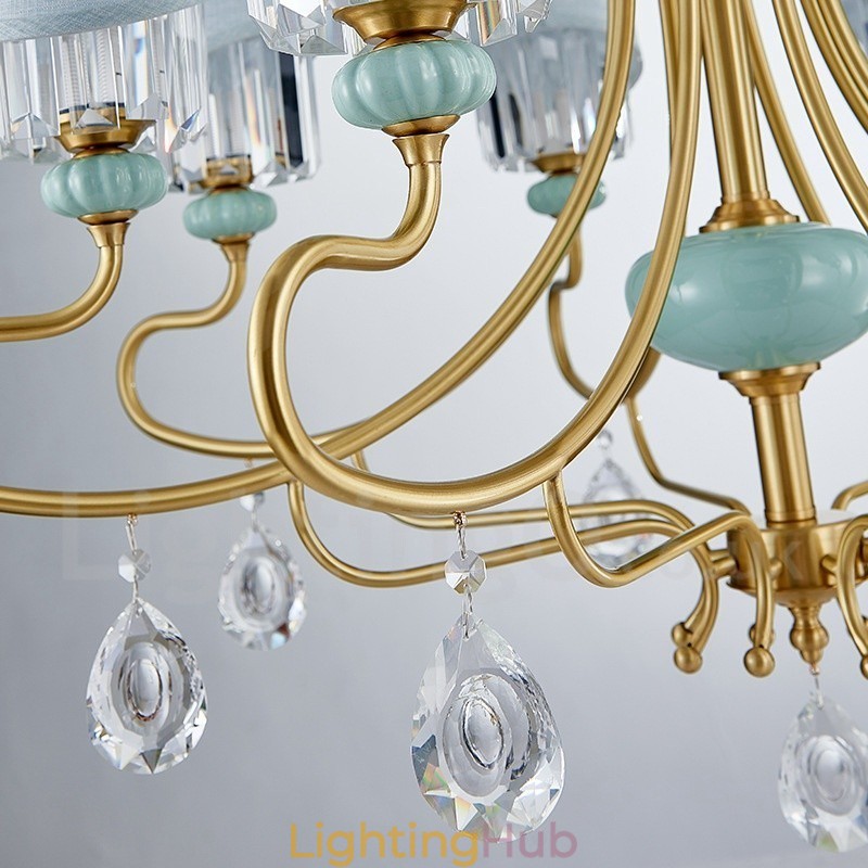 Pure Brass Luxurious Rustic Retro Vintage Brass Ceramics Pendant Candle Chandelier with Fabric and Crystal Shades