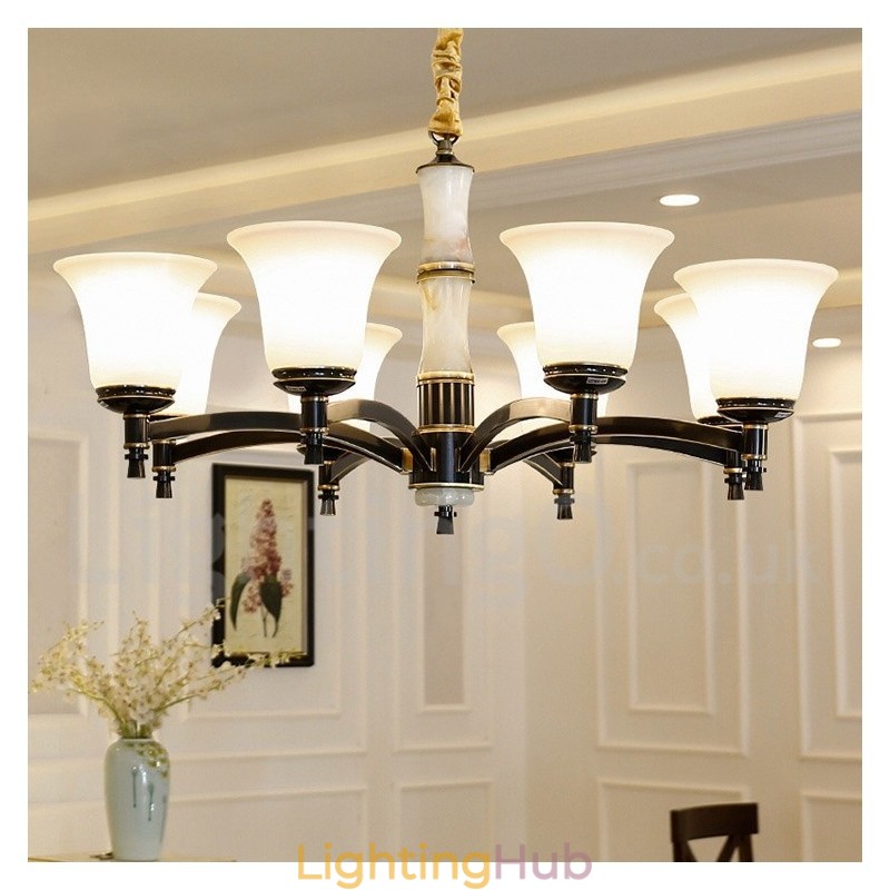 Pure Brass Luxurious Rustic Retro Vintage Brass Stone Pendant Candle Chandelier with Glass Shades