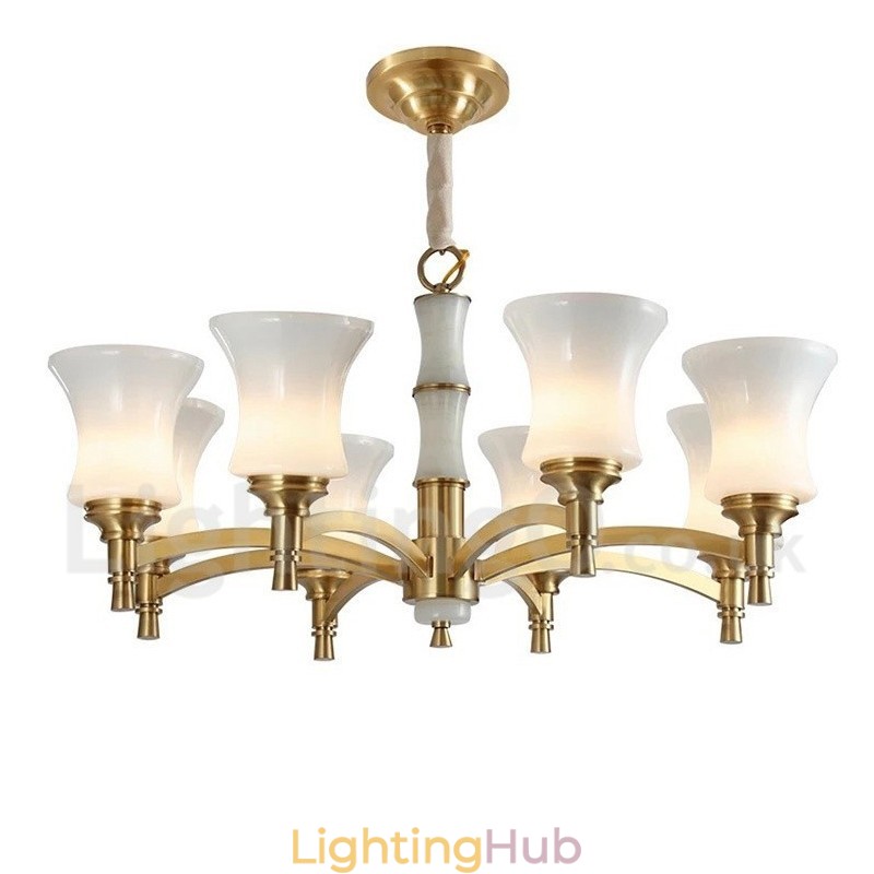 Pure Brass Luxurious Rustic Retro Vintage Brass Stone Pendant Candle Chandelier with Glass Shades