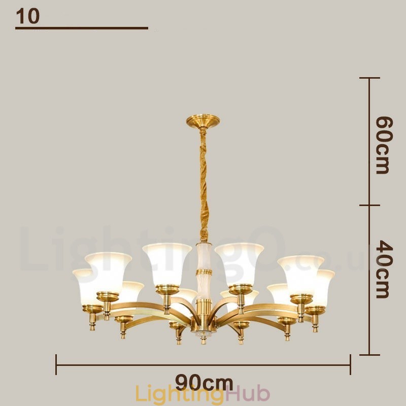 Pure Brass Luxurious Rustic Retro Vintage Brass Stone Pendant Candle Chandelier with Glass Shades