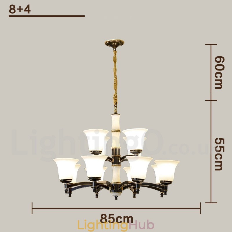 Pure Brass Luxurious Rustic Retro Vintage Brass Stone Pendant Candle Chandelier with Glass Shades