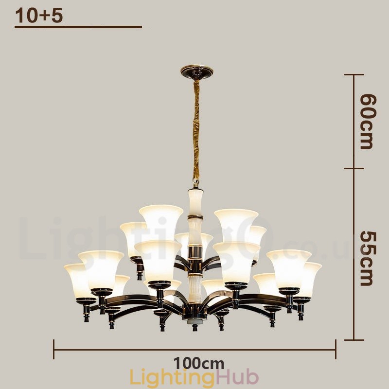 Pure Brass Luxurious Rustic Retro Vintage Brass Stone Pendant Candle Chandelier with Glass Shades