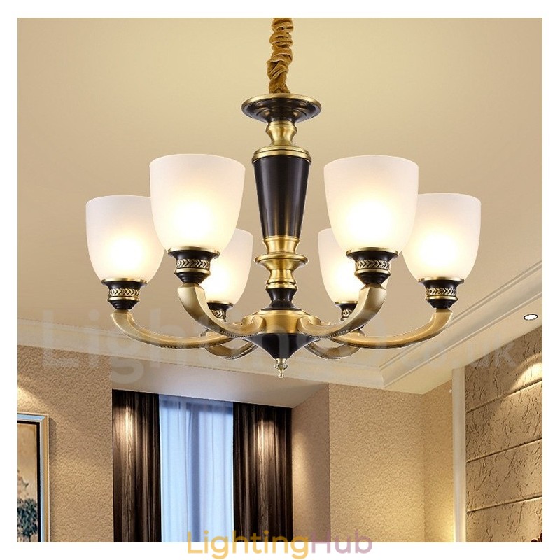 Pure Brass Luxurious Rustic Retro Vintage Brass Pendant Candle Chandelier with Glass Shades