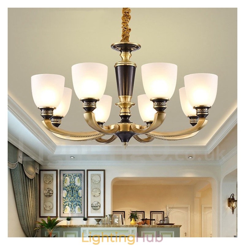 Pure Brass Luxurious Rustic Retro Vintage Brass Pendant Candle Chandelier with Glass Shades
