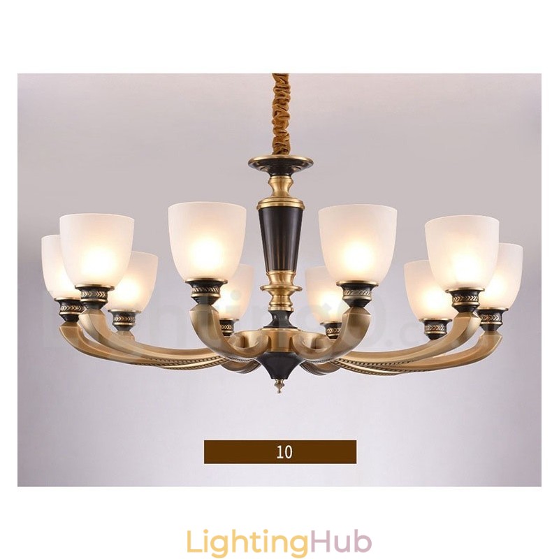 Pure Brass Luxurious Rustic Retro Vintage Brass Pendant Candle Chandelier with Glass Shades