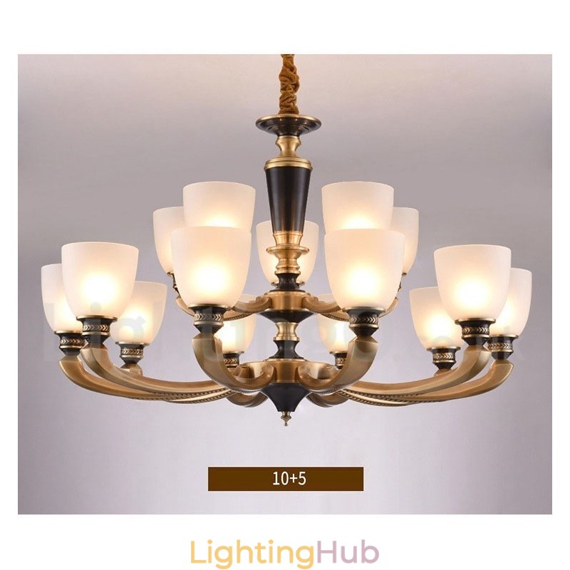 Pure Brass Luxurious Rustic Retro Vintage Brass Pendant Candle Chandelier with Glass Shades