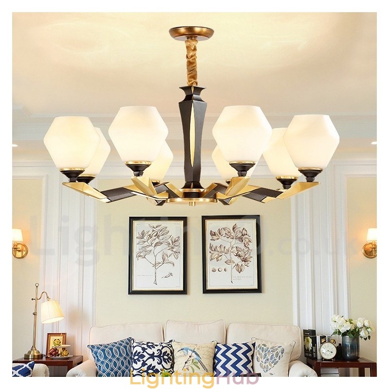 Pure Brass Luxurious Rustic Retro Vintage Brass Pendant Candle Chandelier with Glass Shades
