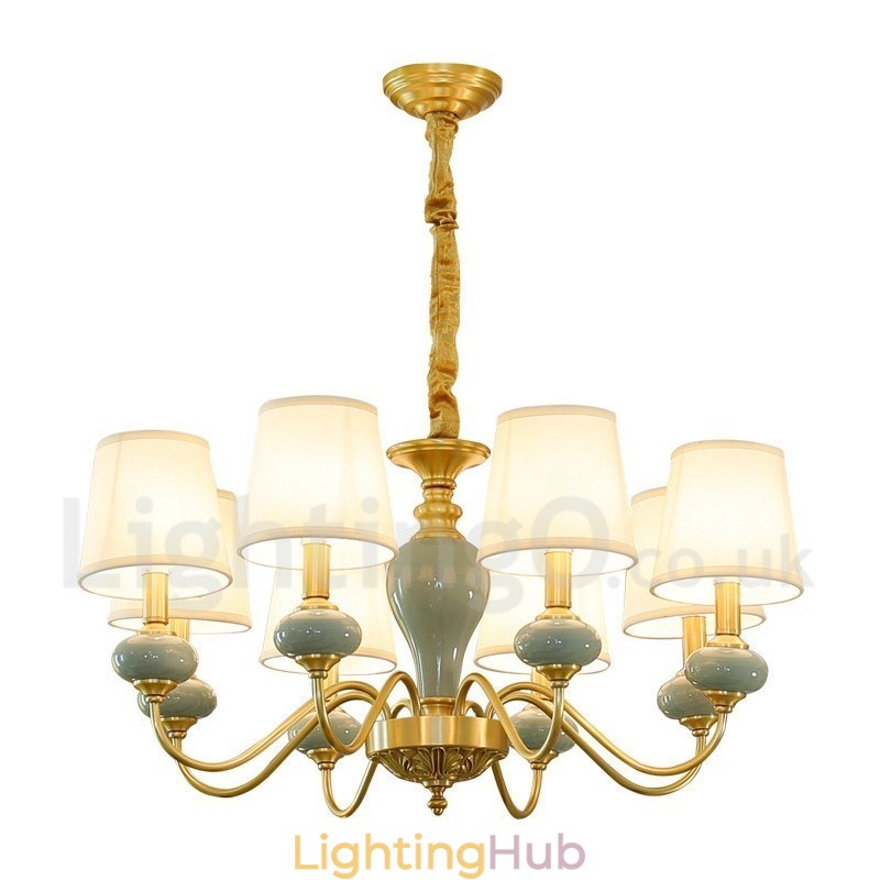 Pure Brass Luxurious Rustic Retro Vintage Brass Ceramics Pendant Candle Chandelier with Fabric Shades