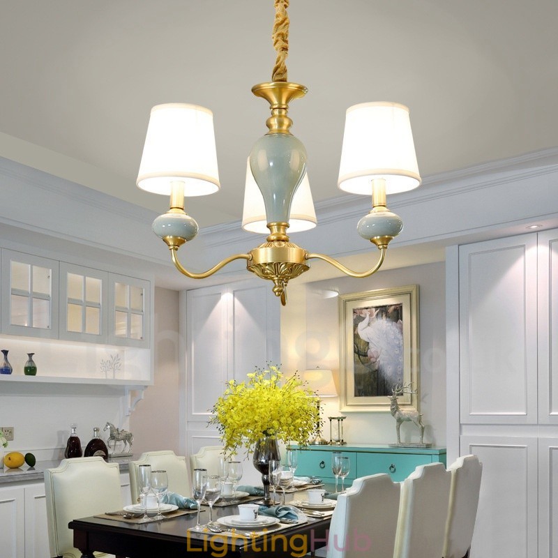 Pure Brass Luxurious Rustic Retro Vintage Brass Ceramics Pendant Candle Chandelier with Fabric Shades