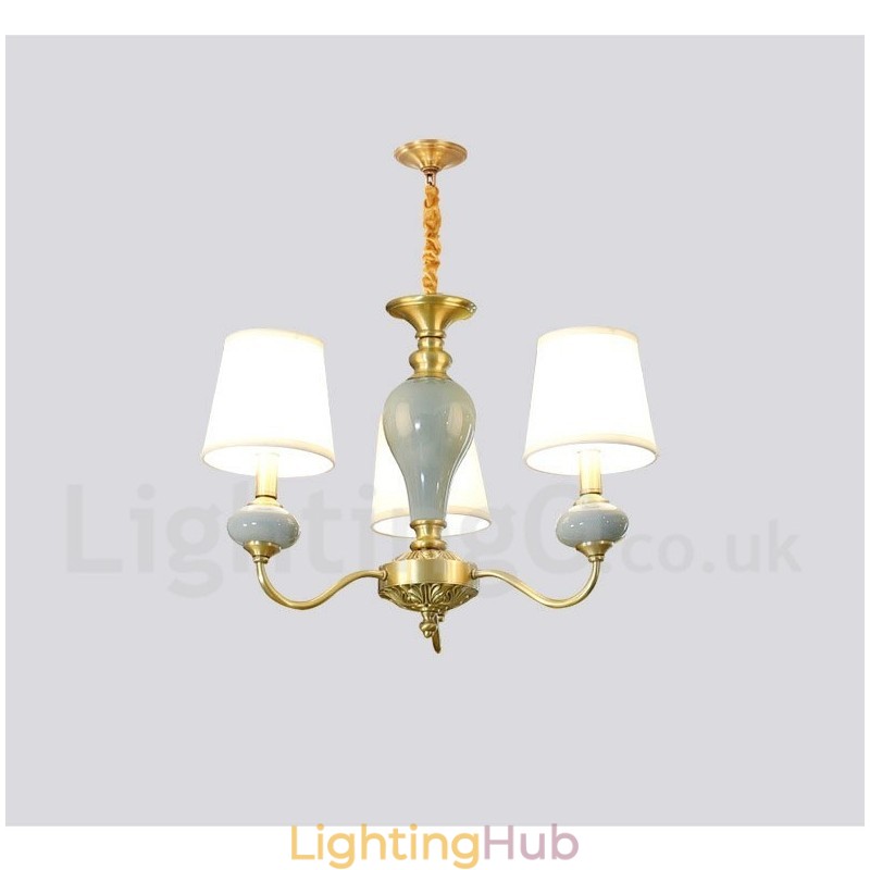 Pure Brass Luxurious Rustic Retro Vintage Brass Ceramics Pendant Candle Chandelier with Fabric Shades