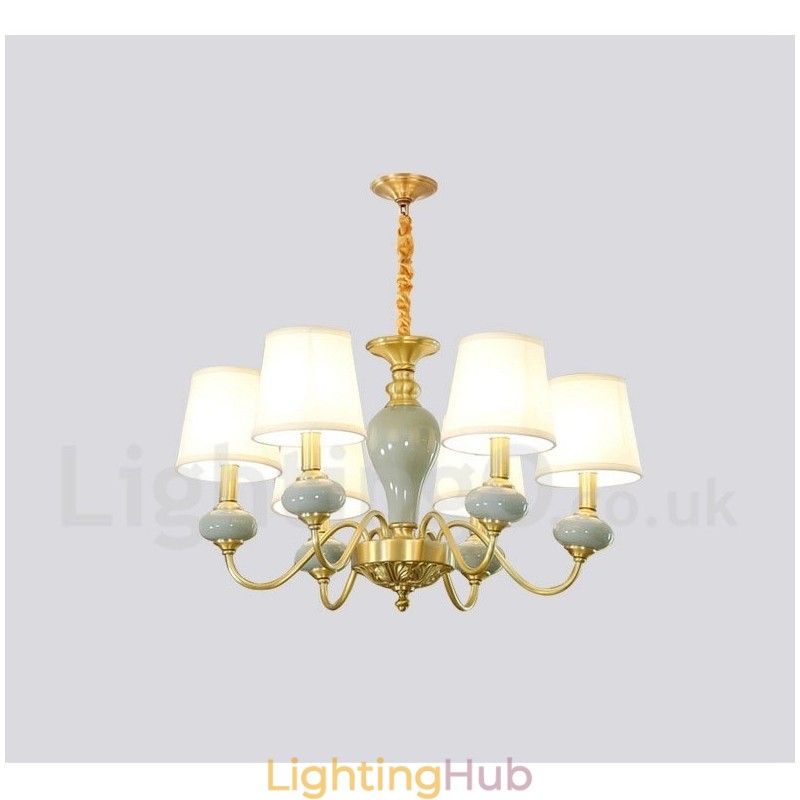 Pure Brass Luxurious Rustic Retro Vintage Brass Ceramics Pendant Candle Chandelier with Fabric Shades