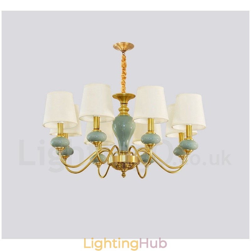 Pure Brass Luxurious Rustic Retro Vintage Brass Ceramics Pendant Candle Chandelier with Fabric Shades